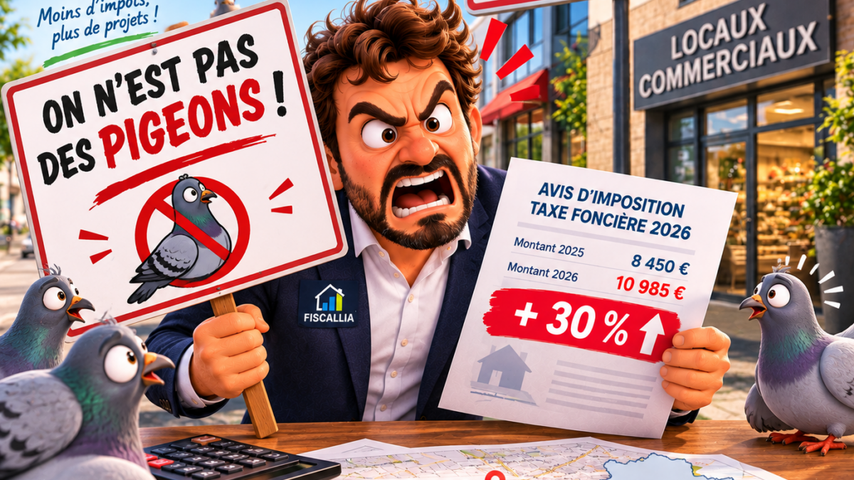 Illustration Fiscallia sur l’augmentation de 30 % de la taxe foncière de certains locaux commerciaux à Villeparisis (77), avec un contribuable très mécontent brandissant son avis d’imposition et une pancarte « On n’est pas des pigeons ! ».