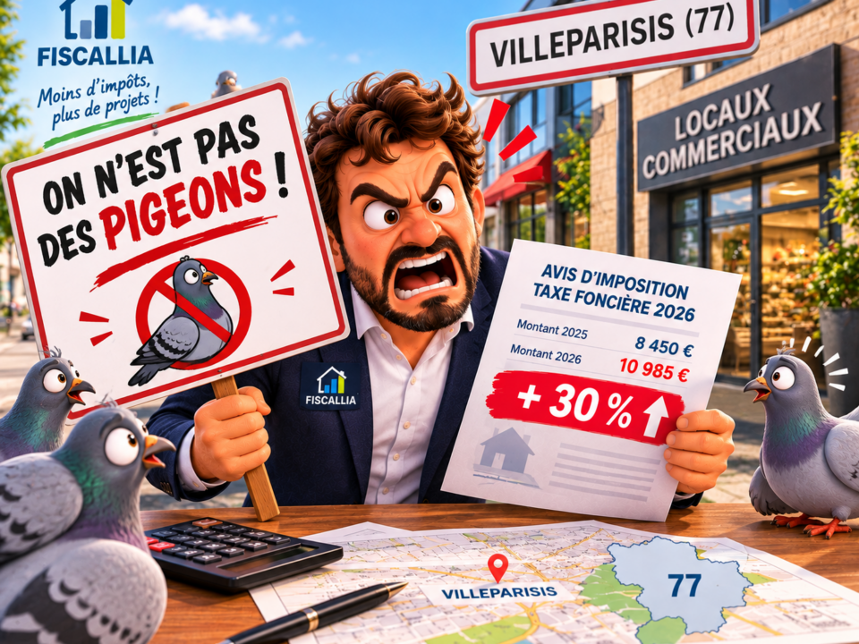 Illustration Fiscallia sur l’augmentation de 30 % de la taxe foncière de certains locaux commerciaux à Villeparisis (77), avec un contribuable très mécontent brandissant son avis d’imposition et une pancarte « On n’est pas des pigeons ! ».