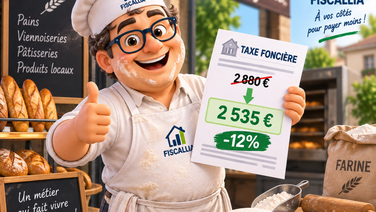 Illustration Fiscallia montrant un boulanger satisfait après la réduction de 12 % de sa taxe foncière, passée de 2 880 € à 2 535 €.