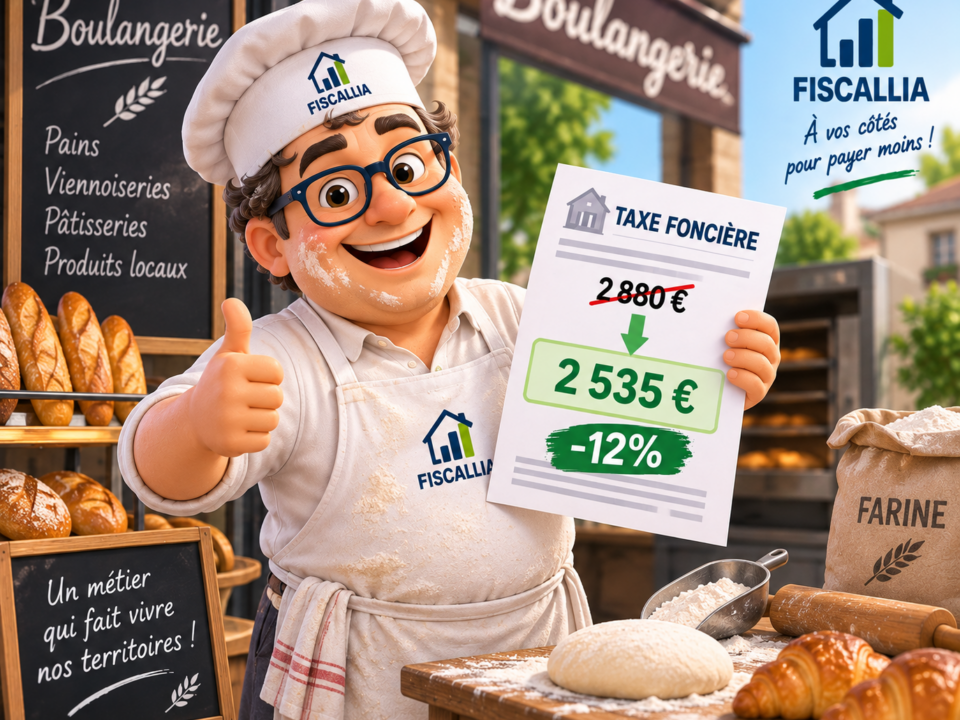 Illustration Fiscallia montrant un boulanger satisfait après la réduction de 12 % de sa taxe foncière, passée de 2 880 € à 2 535 €.