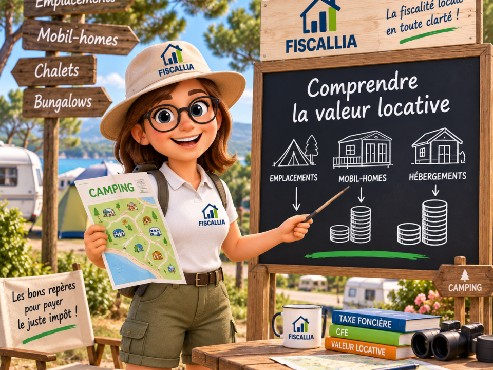 Illustration Fiscallia expliquant la valeur locative d’un camping, avec la mascotte présentant les différents types d’hébergements, emplacements, mobil-homes et chalets pris en compte pour la taxe foncière et la CFE.