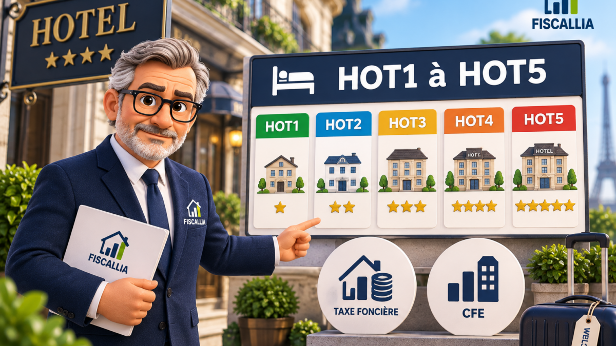 Illustration Fiscallia présentant les catégories HOT1 à HOT5 utilisées pour classer les hôtels et hébergements dans le cadre du calcul de la taxe foncière et de la CFE.