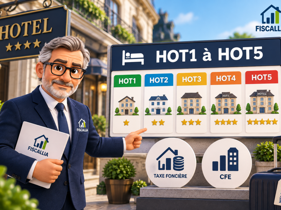 Illustration Fiscallia présentant les catégories HOT1 à HOT5 utilisées pour classer les hôtels et hébergements dans le cadre du calcul de la taxe foncière et de la CFE.