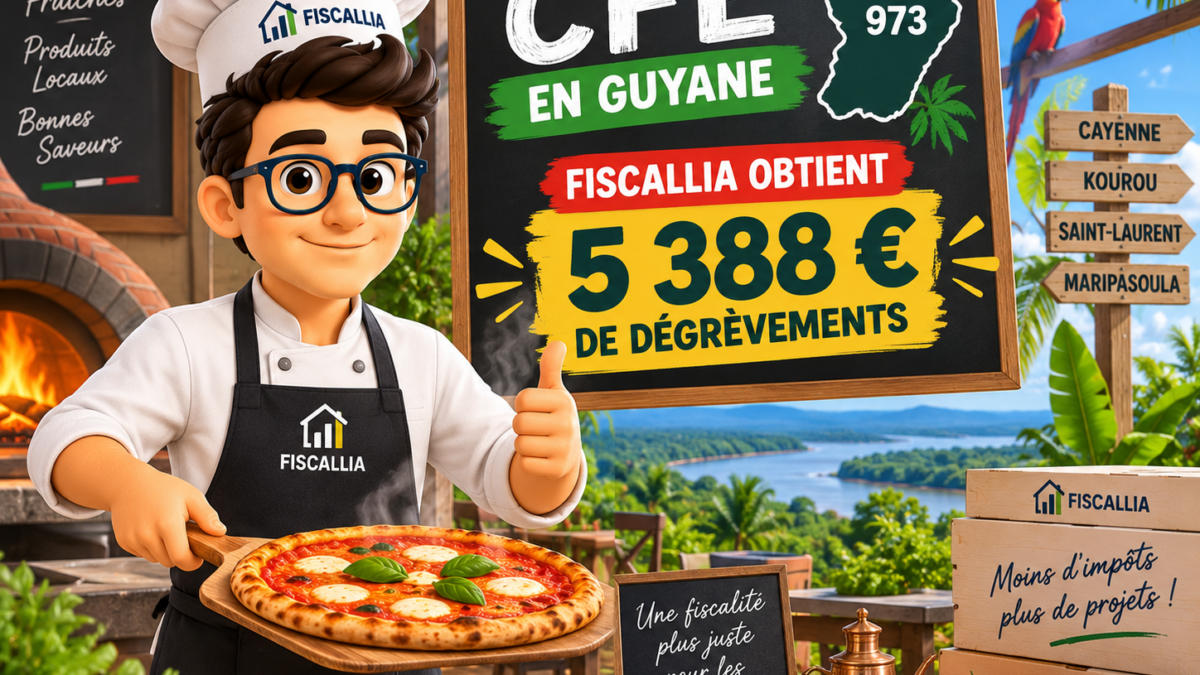 Illustration Fiscallia présentant un dégrèvement de 5 388 € de CFE obtenu en Guyane (973) pour une pizzeria, avec la mascotte Fiscallia habillée en pizzaiolo.