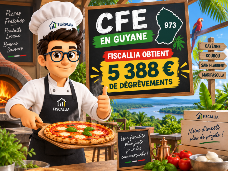 Illustration Fiscallia présentant un dégrèvement de 5 388 € de CFE obtenu en Guyane (973) pour une pizzeria, avec la mascotte Fiscallia habillée en pizzaiolo.