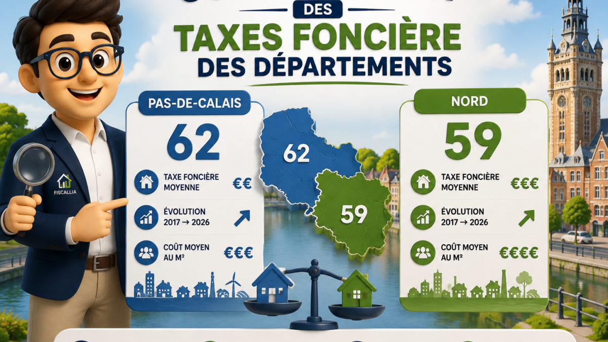 Illustration Fiscallia comparant la taxe foncière dans le Nord (59) et le Pas-de-Calais (62), avec l’évolution des valeurs entre 2017 et 2026.