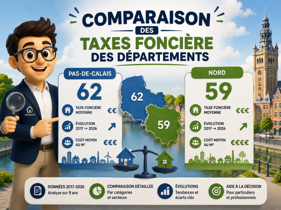 Illustration Fiscallia comparant la taxe foncière dans le Nord (59) et le Pas-de-Calais (62), avec l’évolution des valeurs entre 2017 et 2026.