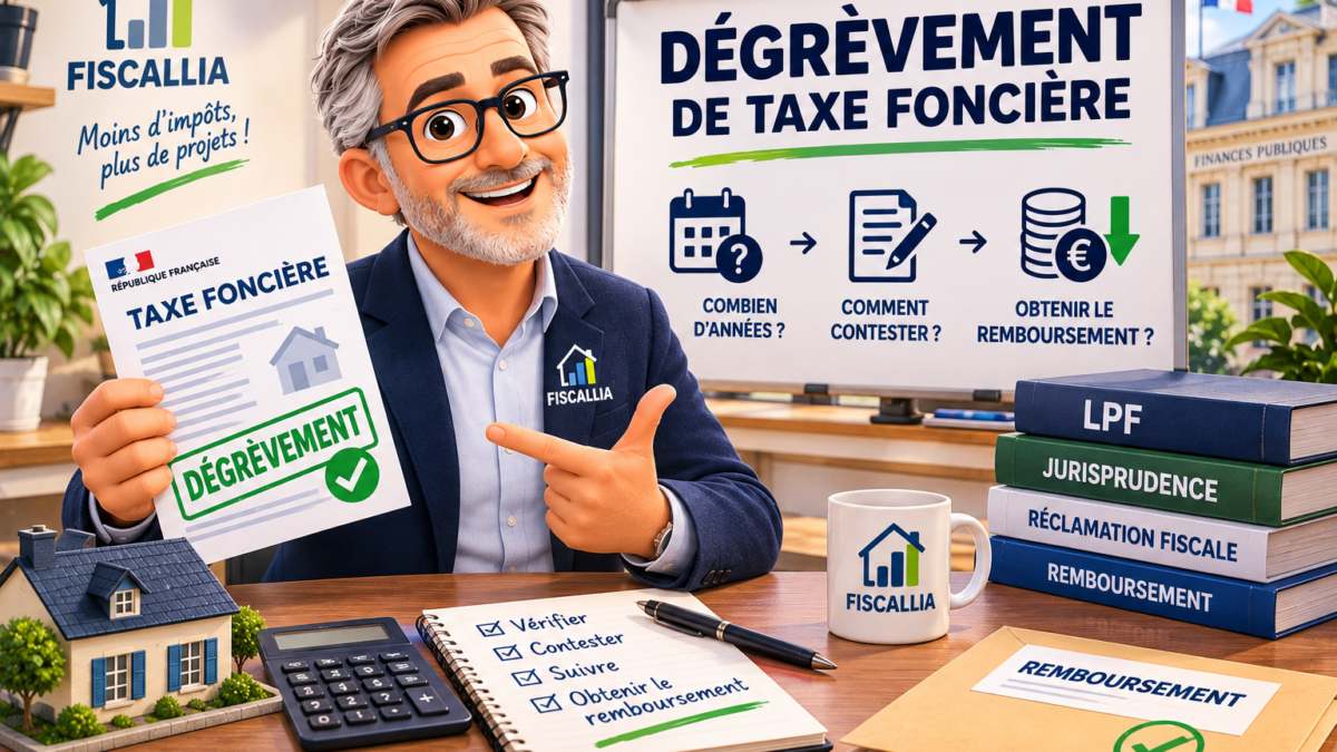 Illustration Fiscallia sur le dégrèvement de taxe foncière, présentant les délais pour contester un avis, la procédure de réclamation fiscale et l’obtention du remboursement après correction de l’imposition.