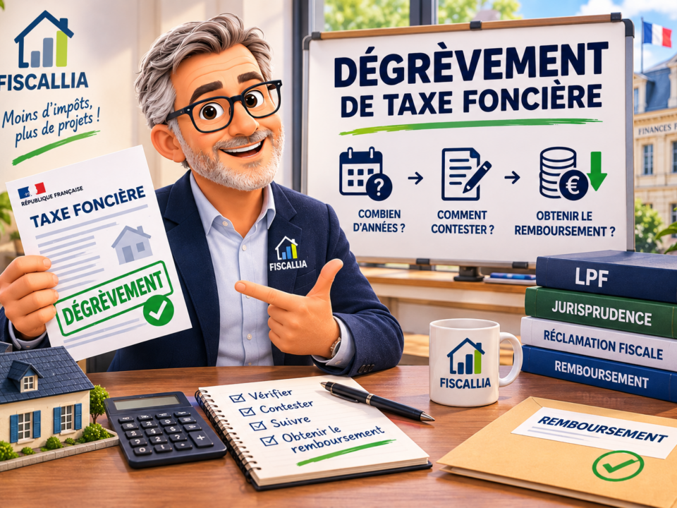 Illustration Fiscallia sur le dégrèvement de taxe foncière, présentant les délais pour contester un avis, la procédure de réclamation fiscale et l’obtention du remboursement après correction de l’imposition.