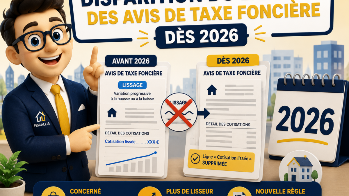 Illustration Fiscallia sur la disparition du lissage des avis de taxe foncière en 2026 pour les locaux commerciaux concernés par la RVLLP, avec suppression de la ligne « cotisation lissée ».