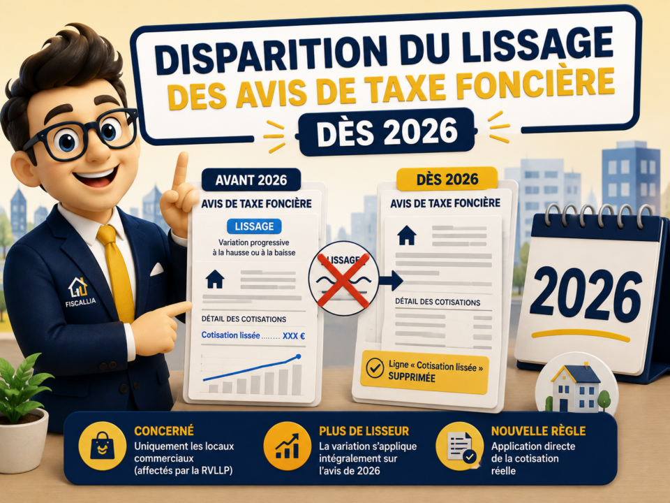 Illustration Fiscallia sur la disparition du lissage des avis de taxe foncière en 2026 pour les locaux commerciaux concernés par la RVLLP, avec suppression de la ligne « cotisation lissée ».