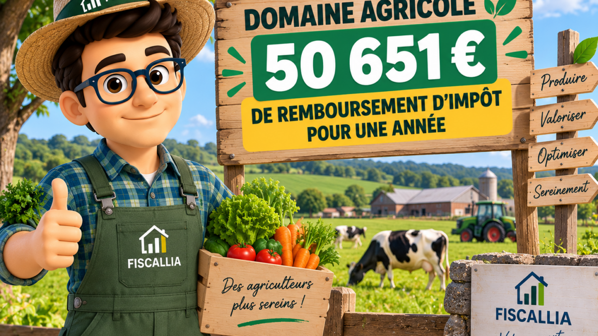 Illustration Fiscallia présentant un domaine agricole ayant obtenu 50 651 € de remboursement d’impôt pour une seule année, avec la mascotte Fiscallia habillée en agriculteur.