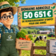Illustration Fiscallia présentant un domaine agricole ayant obtenu 50 651 € de remboursement d’impôt pour une seule année, avec la mascotte Fiscallia habillée en agriculteur.