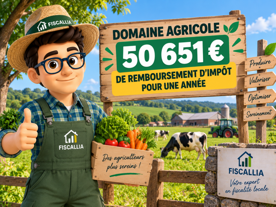 Illustration Fiscallia présentant un domaine agricole ayant obtenu 50 651 € de remboursement d’impôt pour une seule année, avec la mascotte Fiscallia habillée en agriculteur.