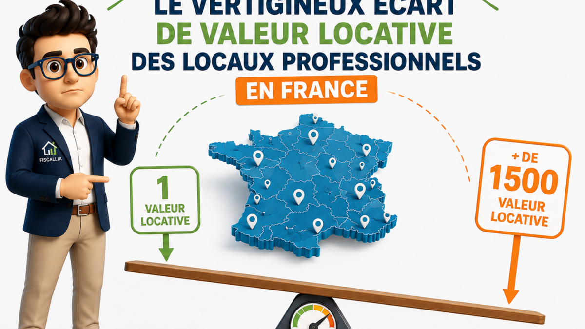 Illustration Fiscallia montrant le vertigineux écart de valeur locative des locaux professionnels en France, avec des valeurs pouvant varier de 1 à plus de 1 500 selon la catégorie du local et sa localisation.