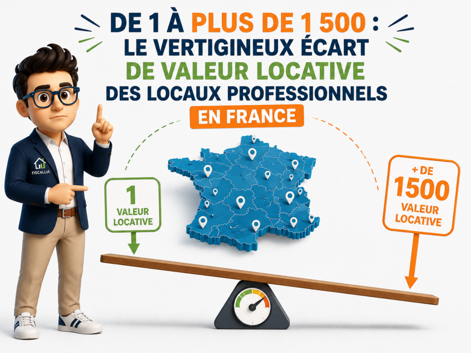 Illustration Fiscallia montrant le vertigineux écart de valeur locative des locaux professionnels en France, avec des valeurs pouvant varier de 1 à plus de 1 500 selon la catégorie du local et sa localisation.