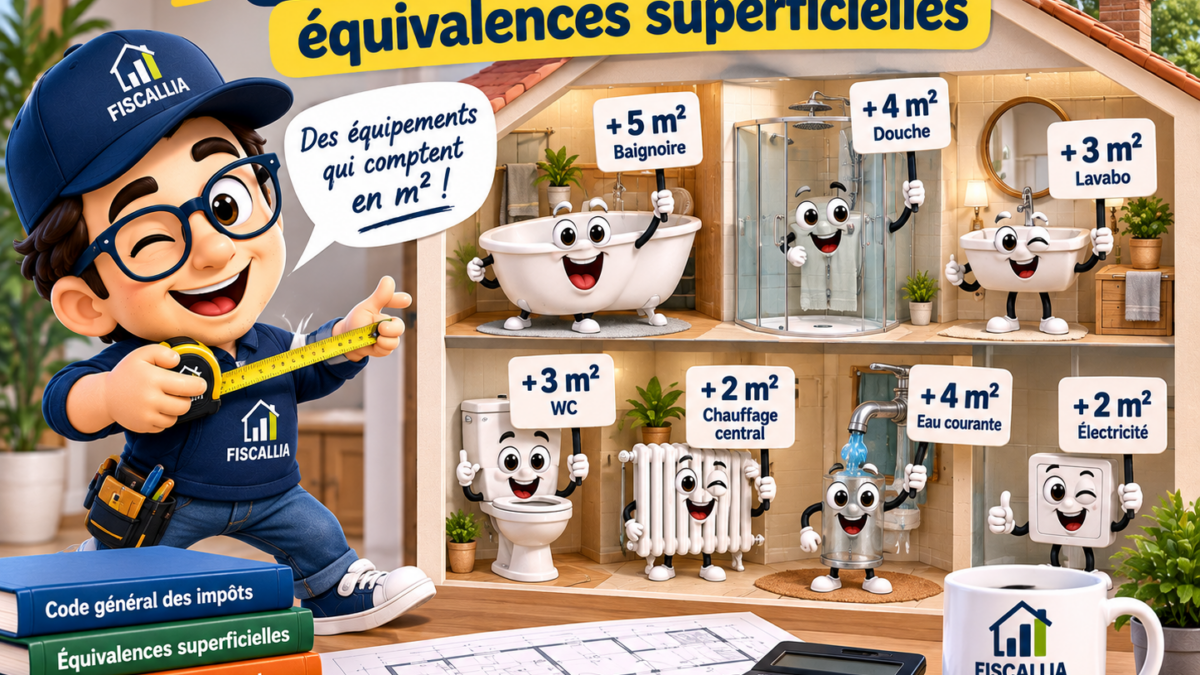 Illustration Fiscallia expliquant les équivalences superficielles de la taxe foncière, avec les mètres carrés théoriques attribués à la baignoire, la douche, au lavabo, aux WC, au chauffage central et aux équipements du logement.