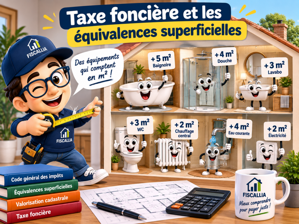 Illustration Fiscallia expliquant les équivalences superficielles de la taxe foncière, avec les mètres carrés théoriques attribués à la baignoire, la douche, au lavabo, aux WC, au chauffage central et aux équipements du logement.
