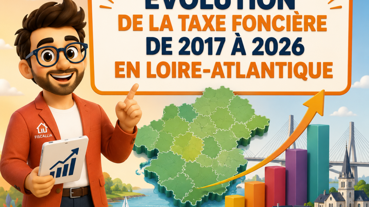 Illustration Fiscallia présentant l’évolution de la taxe foncière en Loire-Atlantique entre 2017 et 2026, avec une représentation du département et une courbe symbolisant la progression des valeurs locatives.