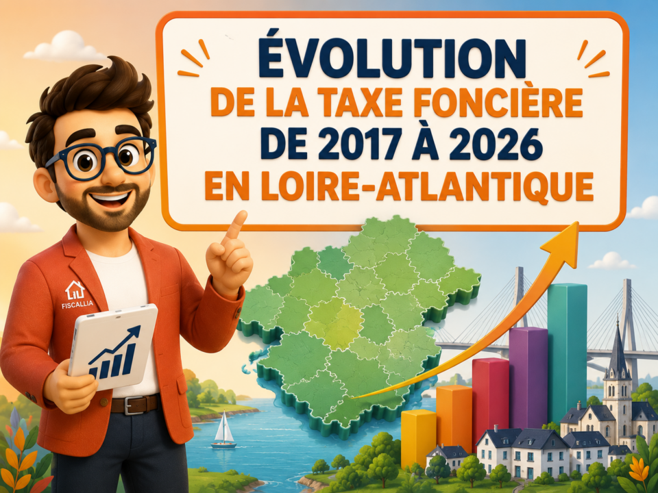 Illustration Fiscallia présentant l’évolution de la taxe foncière en Loire-Atlantique entre 2017 et 2026, avec une représentation du département et une courbe symbolisant la progression des valeurs locatives.