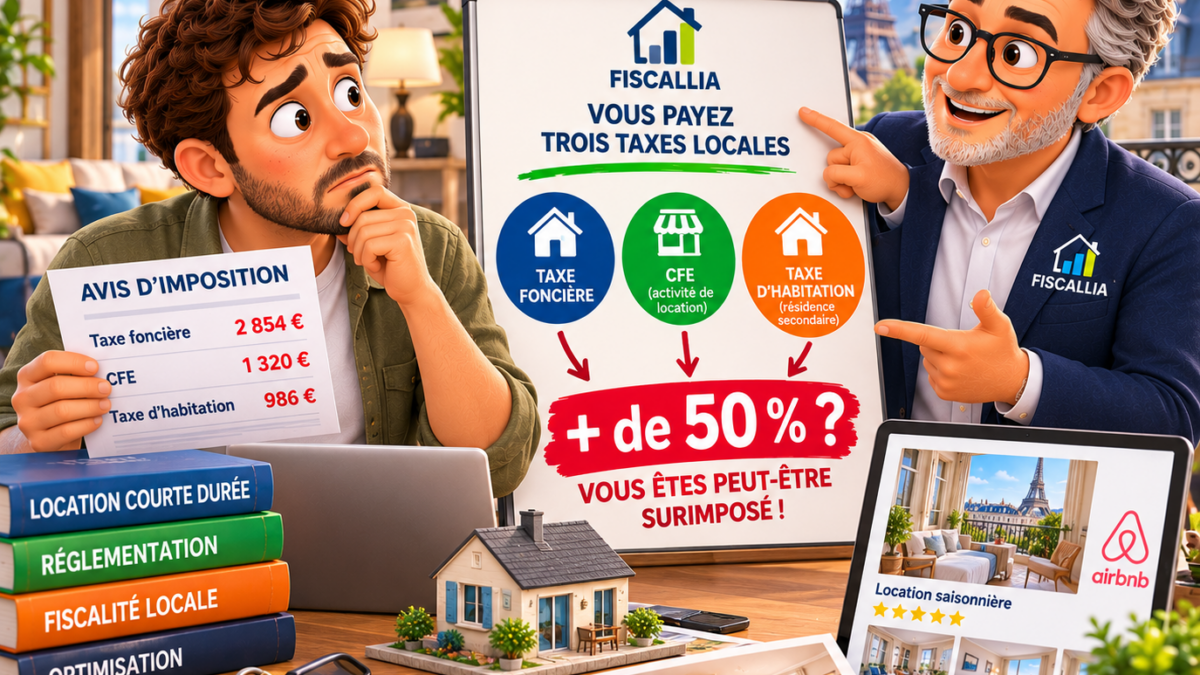 Illustration Fiscallia montrant un propriétaire de location courte durée confronté à trois taxes locales : taxe foncière, CFE et taxe d’habitation, avec un risque de surimposition supérieur à 50 %.