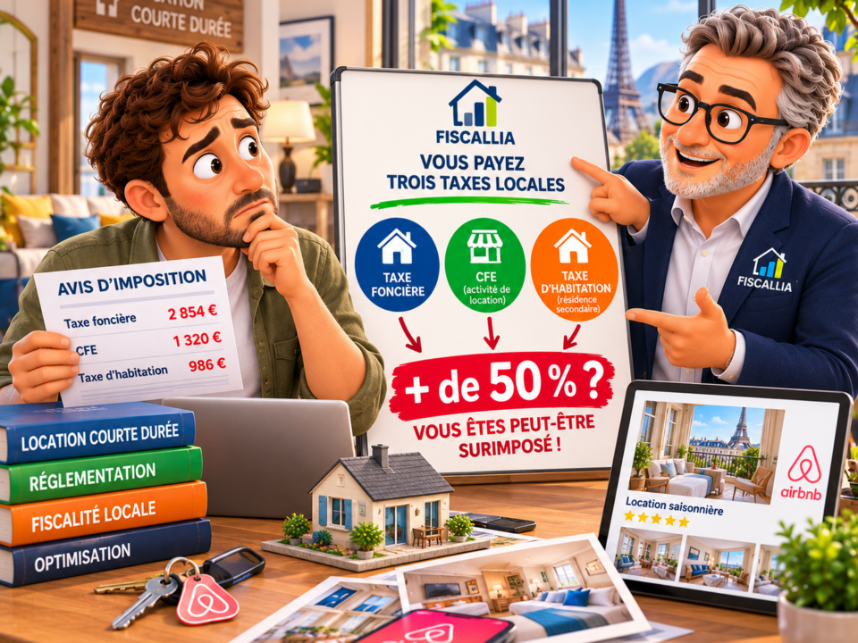 Illustration Fiscallia montrant un propriétaire de location courte durée confronté à trois taxes locales : taxe foncière, CFE et taxe d’habitation, avec un risque de surimposition supérieur à 50 %.