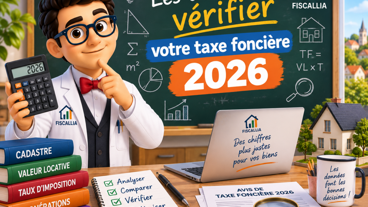 Illustration Fiscallia présentant les outils pour vérifier sa taxe foncière 2026, avec la mascotte en mathématicien analysant la valeur locative cadastrale, les taux d’imposition, les exonérations et l’avis de taxe foncière.