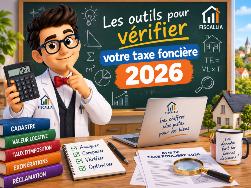 Illustration Fiscallia présentant les outils pour vérifier sa taxe foncière 2026, avec la mascotte en mathématicien analysant la valeur locative cadastrale, les taux d’imposition, les exonérations et l’avis de taxe foncière.