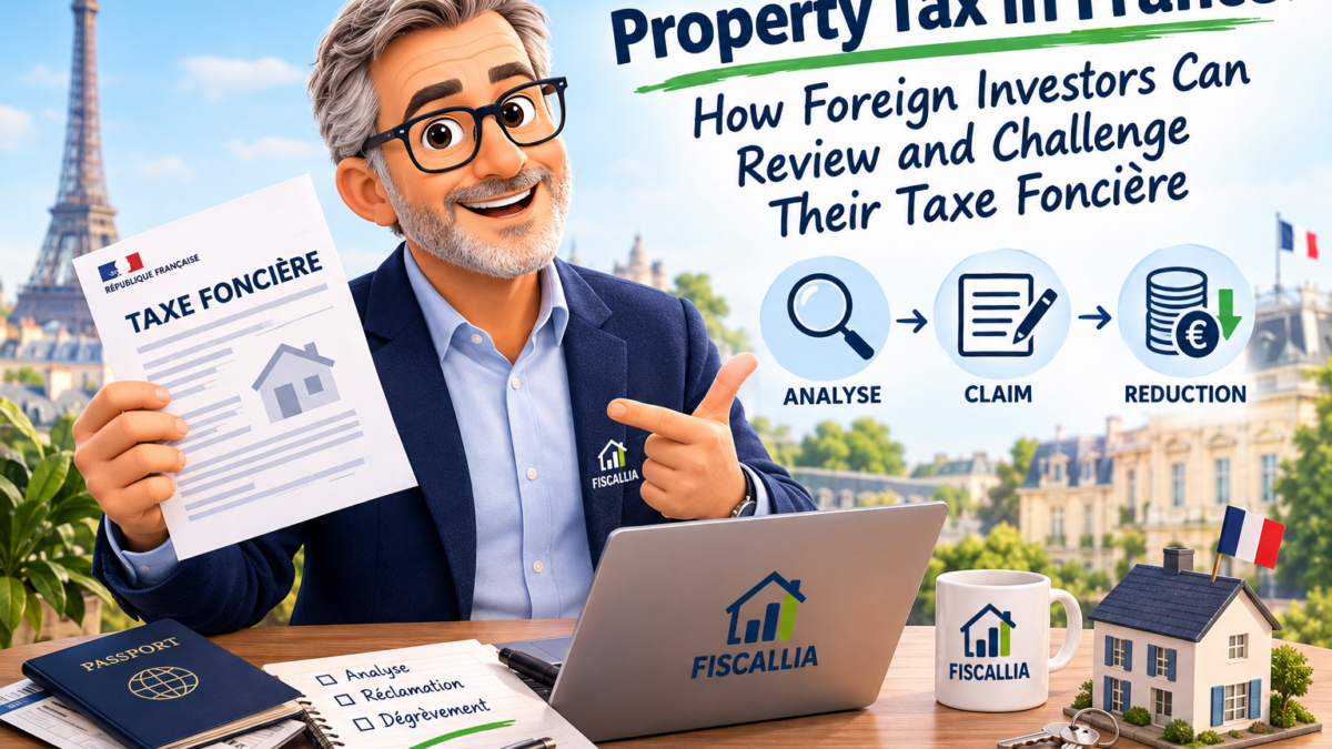 Fiscallia illustration explaining how foreign property investors in France can review their Taxe Foncière, identify potential exemptions or assessment errors, and file a tax claim.