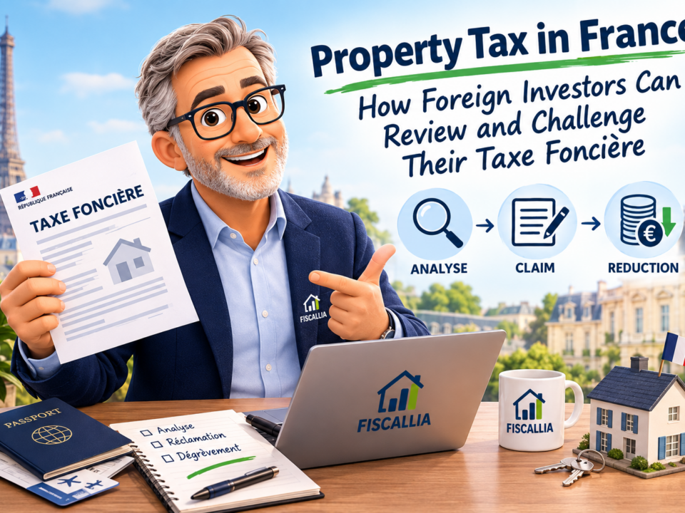 Fiscallia illustration explaining how foreign property investors in France can review their Taxe Foncière, identify potential exemptions or assessment errors, and file a tax claim.