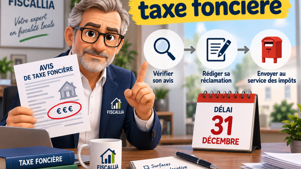 Illustration Fiscallia expliquant comment formuler une réclamation de taxe foncière, vérifier son avis d’imposition, rédiger sa contestation et respecter le délai de réclamation.
