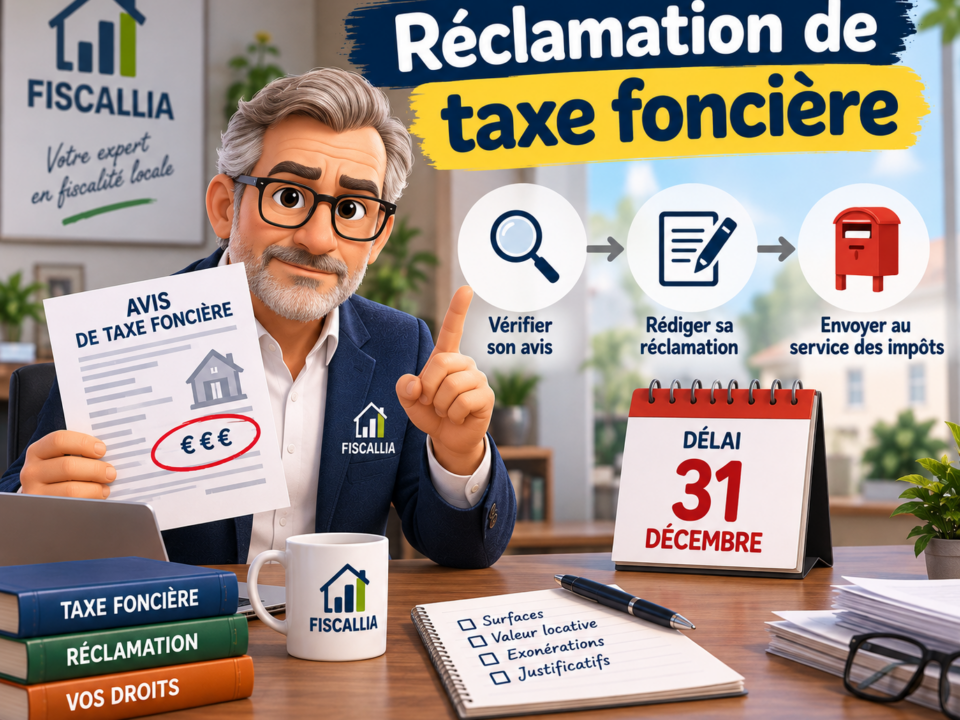 Illustration Fiscallia expliquant comment formuler une réclamation de taxe foncière, vérifier son avis d’imposition, rédiger sa contestation et respecter le délai de réclamation.