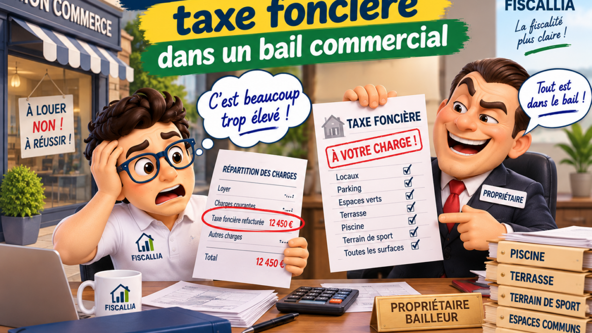 Illustration Fiscallia sur la refacturation de la taxe foncière dans un bail commercial, avec un propriétaire refacturant au locataire une part de taxe foncière supérieure à celle correspondant réellement aux locaux loués.