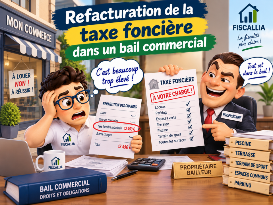 Illustration Fiscallia sur la refacturation de la taxe foncière dans un bail commercial, avec un propriétaire refacturant au locataire une part de taxe foncière supérieure à celle correspondant réellement aux locaux loués.