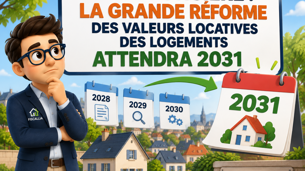 Illustration Fiscallia sur le report à 2031 de la réforme des valeurs locatives des logements servant au calcul de la taxe foncière, avec un calendrier symbolisant le nouveau calendrier de la révision.