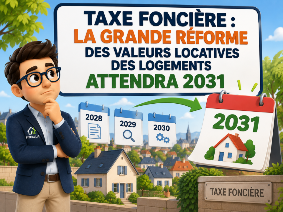 Illustration Fiscallia sur le report à 2031 de la réforme des valeurs locatives des logements servant au calcul de la taxe foncière, avec un calendrier symbolisant le nouveau calendrier de la révision.