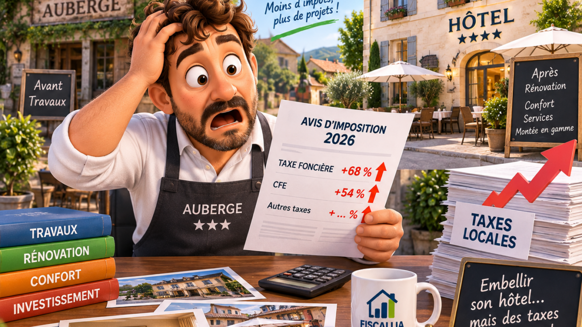Illustration Fiscallia montrant un aubergiste surpris par l’augmentation de sa taxe foncière et de sa CFE après des travaux de rénovation, d’amélioration du confort et de montée en gamme de son hôtel.