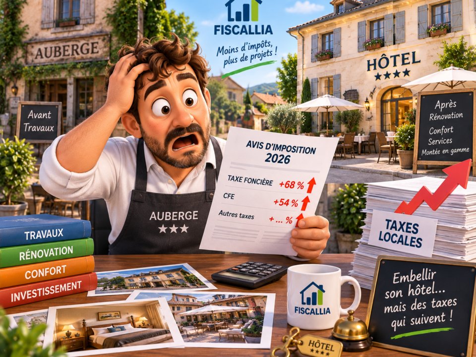 Illustration Fiscallia montrant un aubergiste surpris par l’augmentation de sa taxe foncière et de sa CFE après des travaux de rénovation, d’amélioration du confort et de montée en gamme de son hôtel.