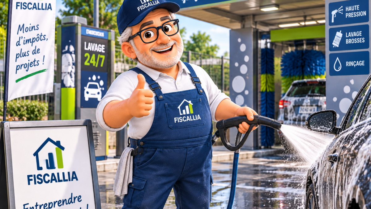 Illustration Fiscallia montrant un exploitant dans sa station de lavage automobile, un site professionnel soumis notamment à la taxe foncière et à la CFE.