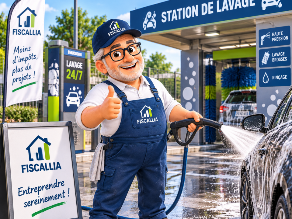 Illustration Fiscallia montrant un exploitant dans sa station de lavage automobile, un site professionnel soumis notamment à la taxe foncière et à la CFE.