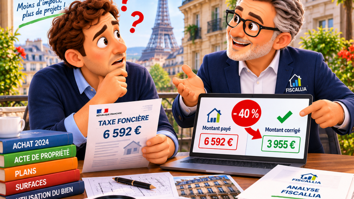 Illustration Fiscallia montrant un propriétaire parisien s’interrogeant avec un expert sur sa taxe foncière, après la découverte d’une erreur vieille de 25 ans entraînant une surimposition de 40 %.