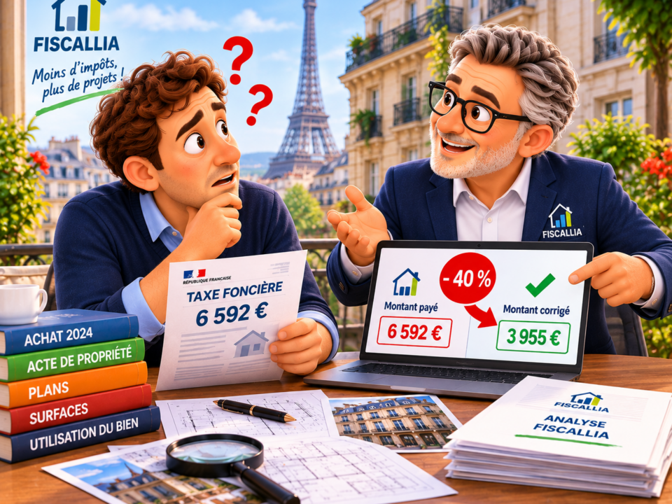 Illustration Fiscallia montrant un propriétaire parisien s’interrogeant avec un expert sur sa taxe foncière, après la découverte d’une erreur vieille de 25 ans entraînant une surimposition de 40 %.