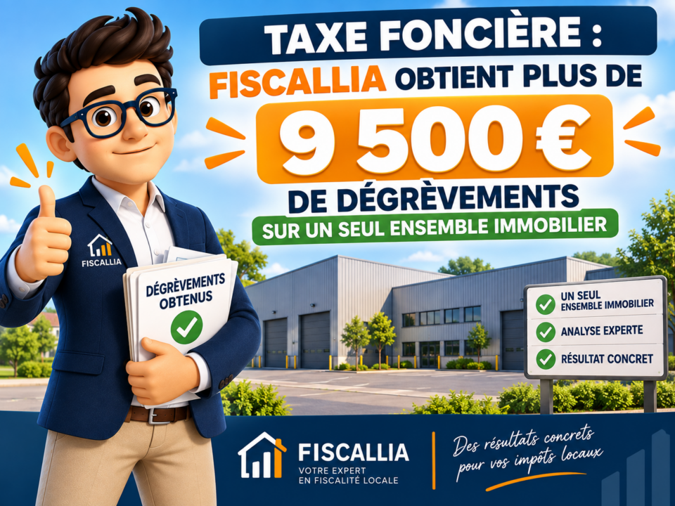 Illustration Fiscallia présentant un dégrèvement de plus de 9 500 € de taxe foncière obtenu sur un seul ensemble immobilier après analyse de son imposition.