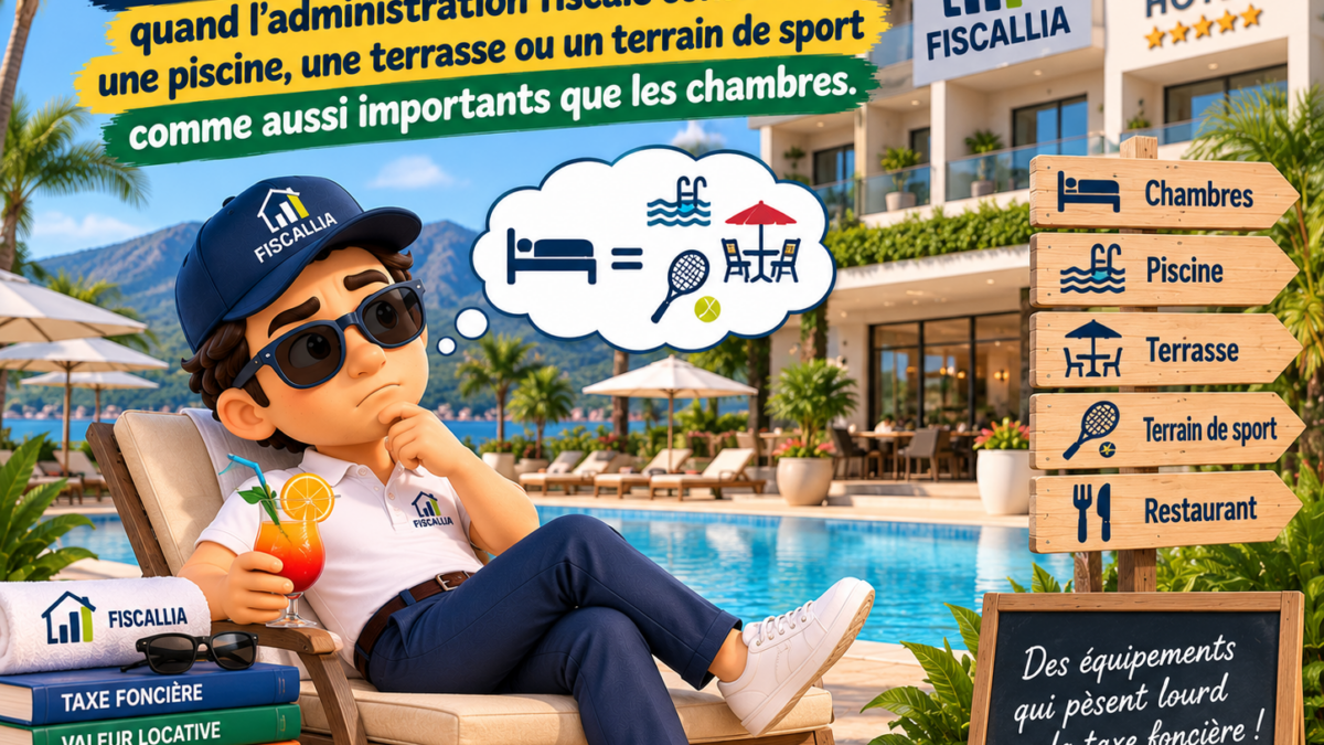 Illustration Fiscallia sur la taxe foncière d’un hôtel, avec la mascotte au bord de la piscine et la problématique de la pondération fiscale des chambres, de la piscine, de la terrasse et des terrains de sport.
