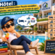 Illustration Fiscallia sur la taxe foncière d’un hôtel, avec la mascotte au bord de la piscine et la problématique de la pondération fiscale des chambres, de la piscine, de la terrasse et des terrains de sport.
