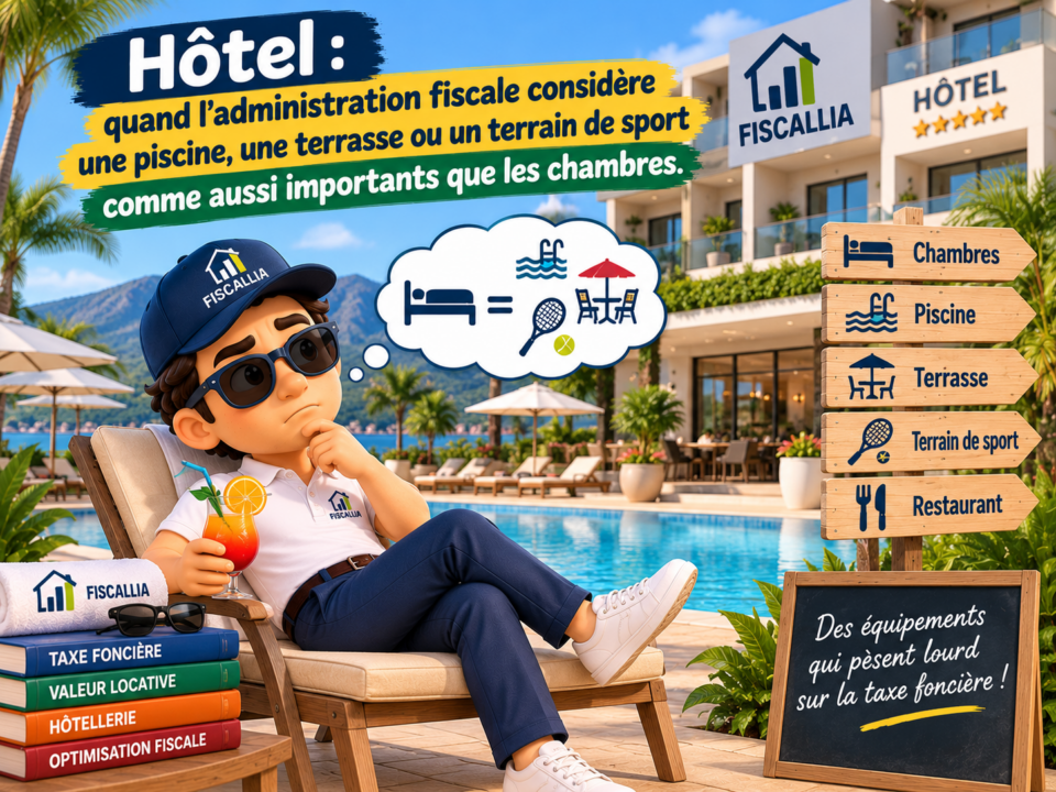 Illustration Fiscallia sur la taxe foncière d’un hôtel, avec la mascotte au bord de la piscine et la problématique de la pondération fiscale des chambres, de la piscine, de la terrasse et des terrains de sport.