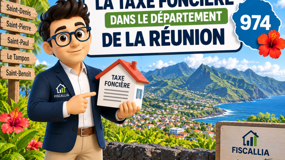 Illustration Fiscallia consacrée à la taxe foncière à La Réunion (974), avec la mascotte Fiscallia présentant l’imposition foncière dans le département sur fond de paysage réunionnais.