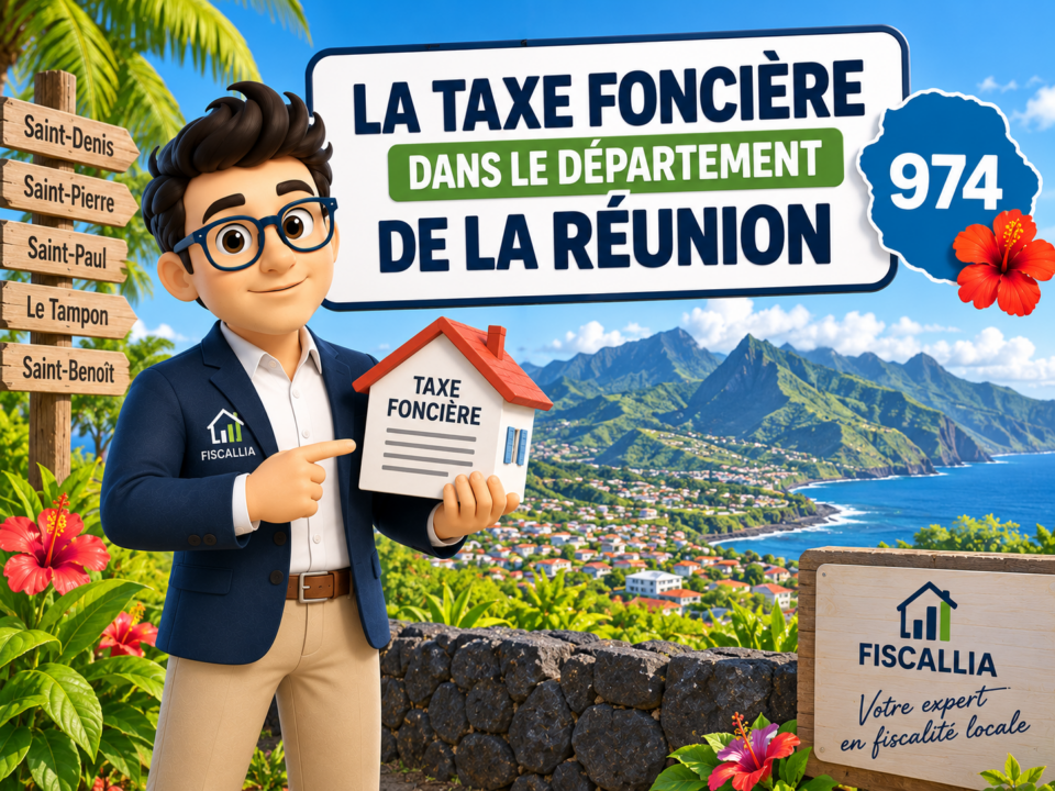 Illustration Fiscallia consacrée à la taxe foncière à La Réunion (974), avec la mascotte Fiscallia présentant l’imposition foncière dans le département sur fond de paysage réunionnais.