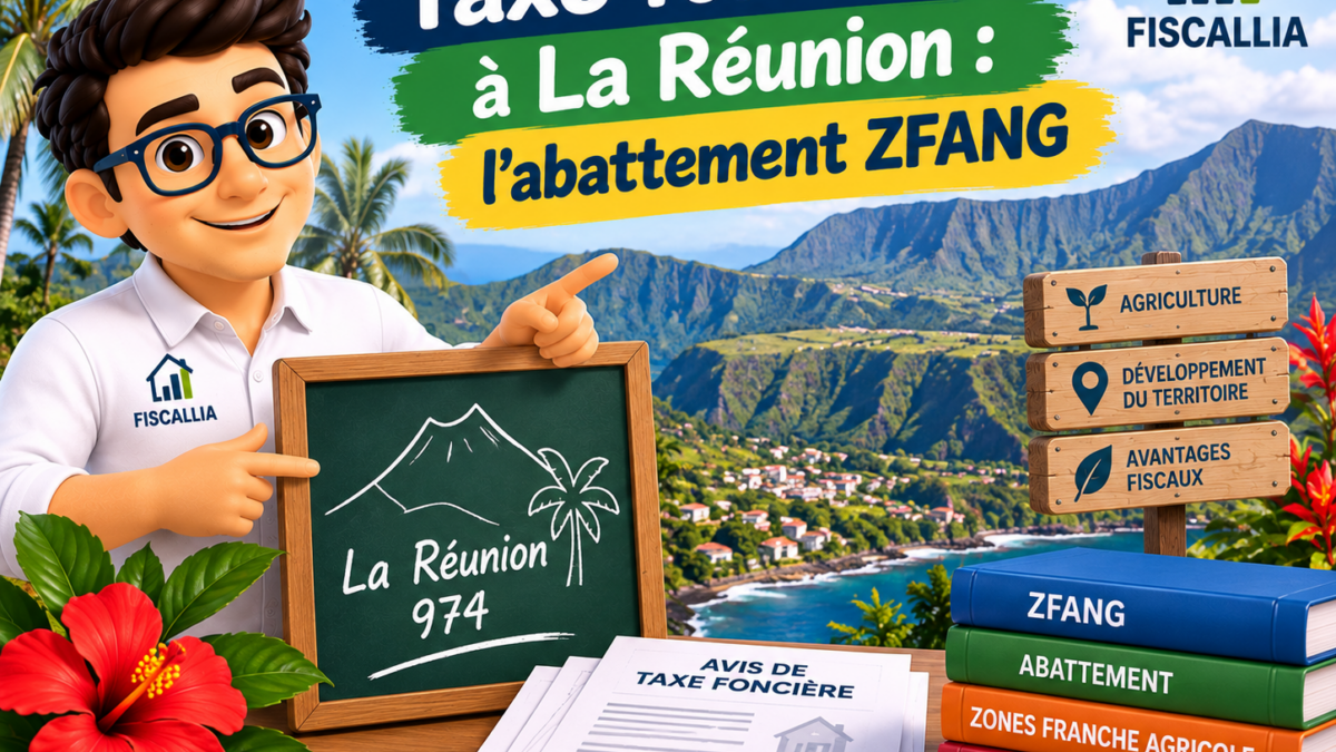 Illustration Fiscallia consacrée à l’abattement ZFANG applicable à la taxe foncière à La Réunion (974), avec la mascotte Fiscallia présentant le dispositif fiscal sur fond de paysage réunionnais.