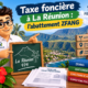 Illustration Fiscallia consacrée à l’abattement ZFANG applicable à la taxe foncière à La Réunion (974), avec la mascotte Fiscallia présentant le dispositif fiscal sur fond de paysage réunionnais.